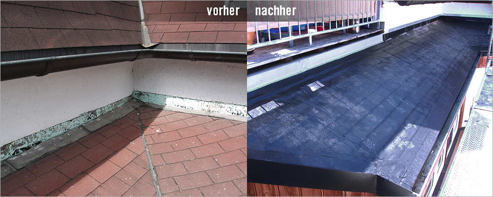 Nach Schadensanalyse wegen Feuchtigkeit im Innenbereich Sanierung der Dachfläche. Abdichtung mit Wolfin - Kunststoffbahn.