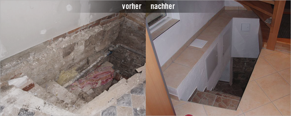 Sanierung einer Treppe. Ausgeführte Arbeiten: Rückbau des alten Kellerabgangs. Neubau der Treppe mit Verblendung der Versorgungsleitungen.